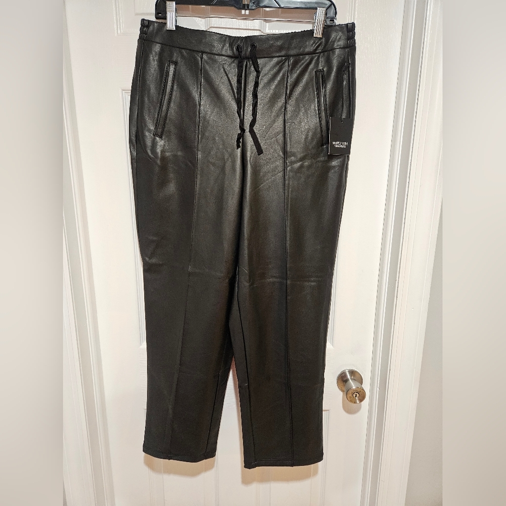 Simply Vera Wang Faux Leather Pull On Pants Womens Size L Stretch Black Vegan